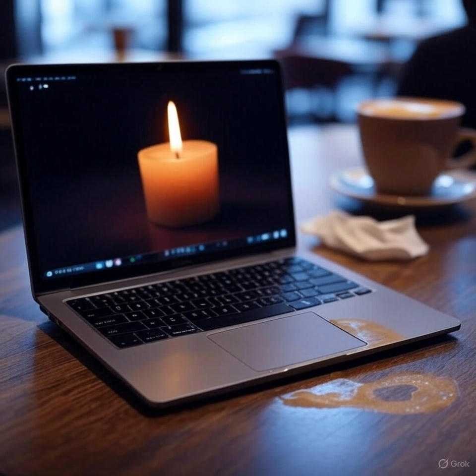 An over-the-shoulder view of a laptop on VEED.IO displaying a candle video with wonky background removal, on a coffee shop table with a latte stain and crumpled napkin, in an indigo-lime-amber palette evoking a bittersweet tone.